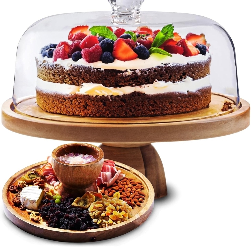 Wooden Cake Stand with Glass Dome
